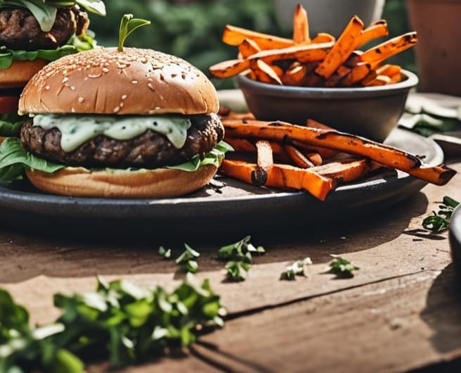 Venison patty topped with horopito mayonnaise, and served with kumara fries.