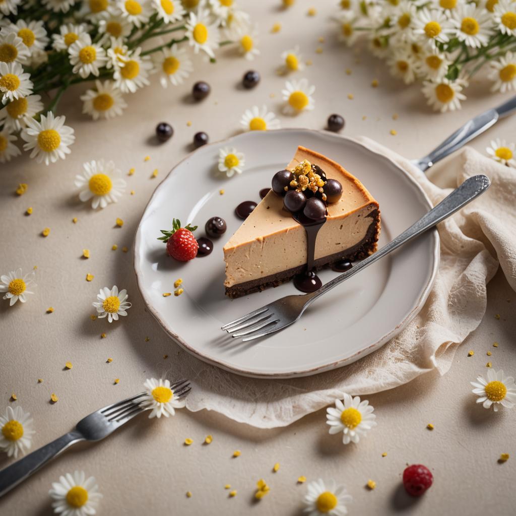 Rich chocolate cheesecake infused with rātā flower essence, garnished with fresh berries.