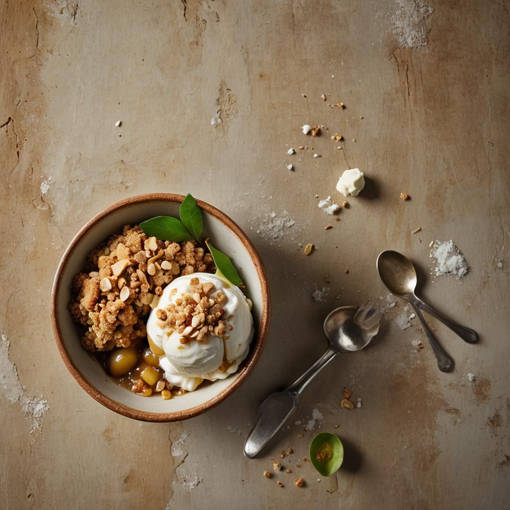 Seasonal apples and feijoas topped with a buttery crumble, served warm with vanilla ice cream.