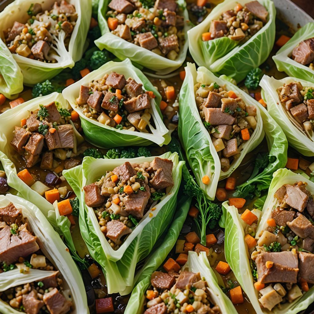 A selection of locally sourced steamed pork and lamb, root vegetables and stuffing steamed inside cabbage leaf parcels.