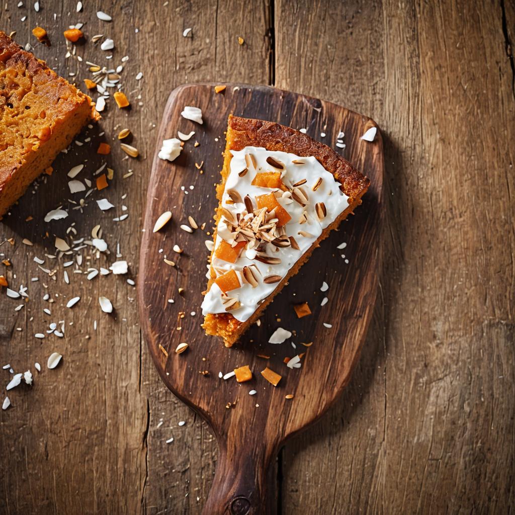 Moist kumara cake served with a citrus glaze and garnished with toasted coconut.