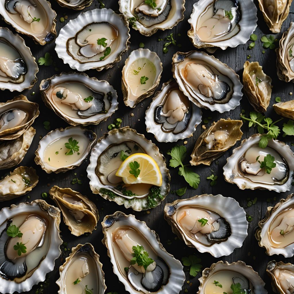 Freshly shucked oysters topped with lemon balm and a drizzle of native New Zealand seaweed vinaigrette.