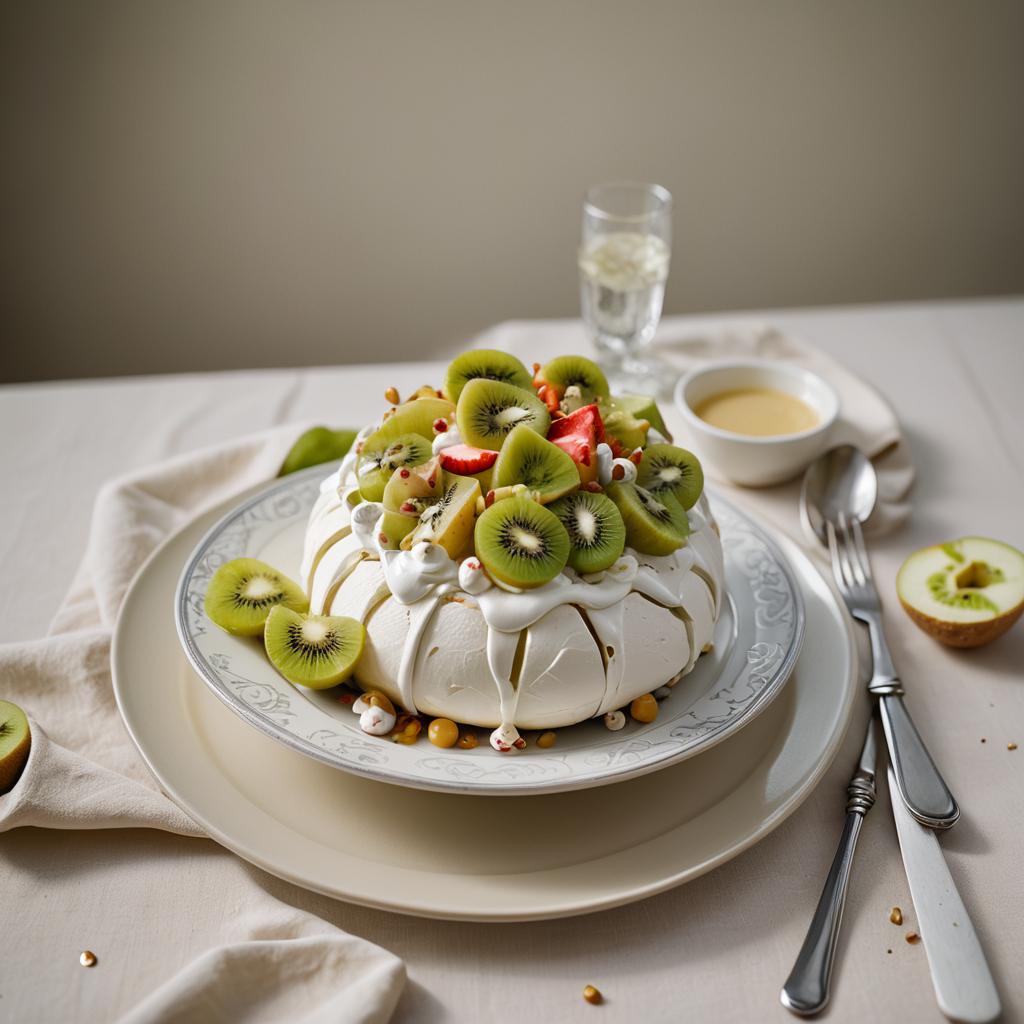 Traditional meringue served with locally sourced kiwifruit and whipped cream, drizzled with a passionfruit coulis.