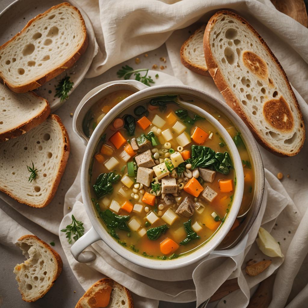 Hearty vegetable soup with Rēwena paraoa (potato bread).